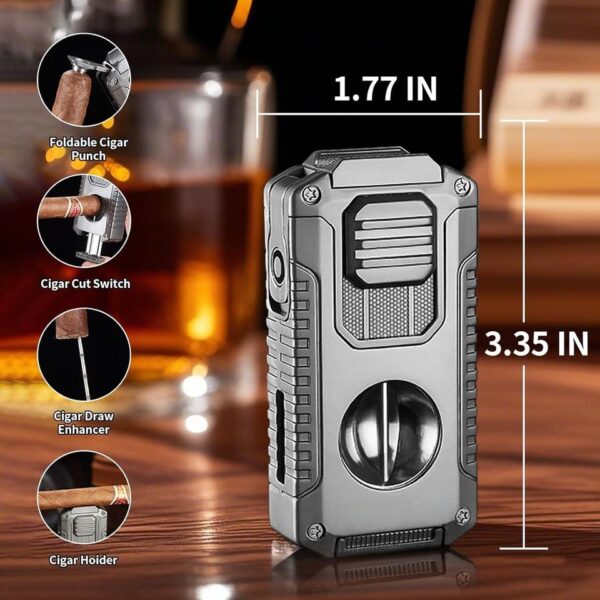 5-in-1 Windproof Metal Lighter with Cigar Cutter & Punch – Premium Multi-Tool Lighter in Gift Box