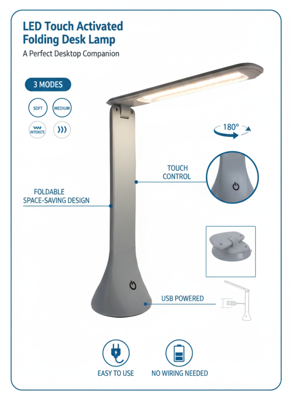 LED Folding Desk Lamp – Touch Activated USB Powered Portable Light